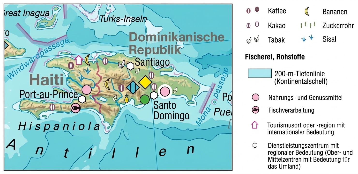 Karte von Hispaniola mit Haiti und Dominikanischer Republik, Städten sowie Symbolen für Rohstoffe und Fischerei.